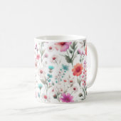 ワイルドフラワーの草原 白 緑 青 茶色 ターコイズ コーヒーマグカップ (正面右)