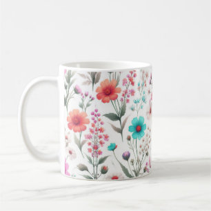 ワイルドフラワーの草原 白 緑 青 茶色 ターコイズ コーヒーマグカップ
