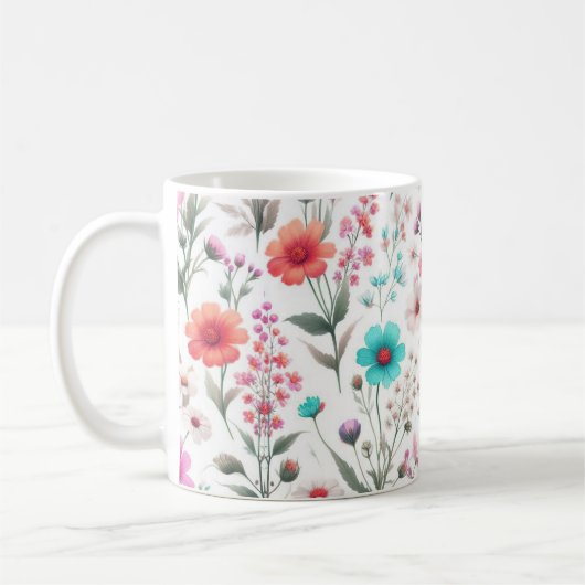ワイルドフラワーの草原 白 緑 青 茶色 ターコイズ コーヒーマグカップ (左)