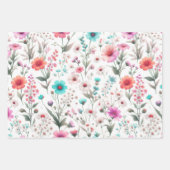 ワイルドフラワーの草原 白 緑 青 茶色 ターコイズ ラッピングペーパーシート (正面)