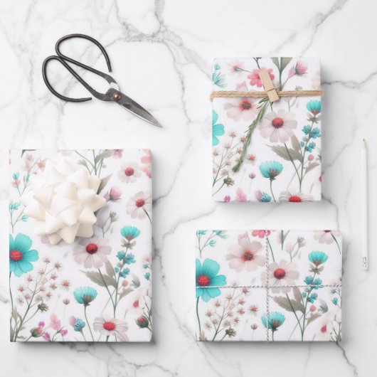 ワイルドフラワーの草原 白 緑 青 茶色 ターコイズ ラッピングペーパーシート (正面)