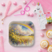 ワイルドフラワーの草地に水色の虹 ペーパープレート (パーティー)