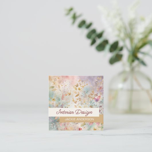 ワイルドフラワーの葉の紫の琥珀の水色 スクエア名刺 (スタンド正面)