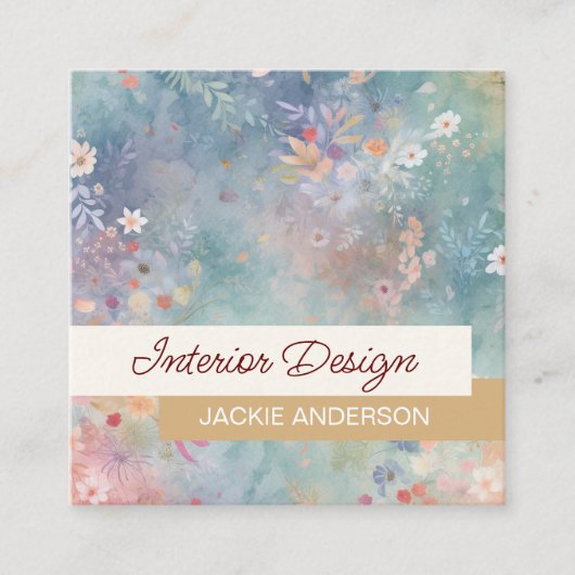 ワイルドフラワーの葉ピンク青の水色 スクエア名刺 (正面)