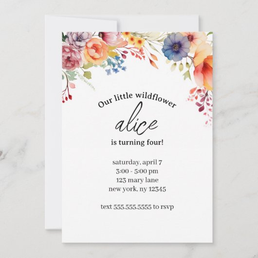 ワイルドフラワーの誕生日パーティー編集可能テンプレート 招待状 (正面)