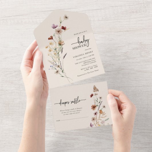 ワイルドフラワーの赤ちゃんシャワーすべて一つの招待状 オールインワン招待状 (貼ってはがせる)