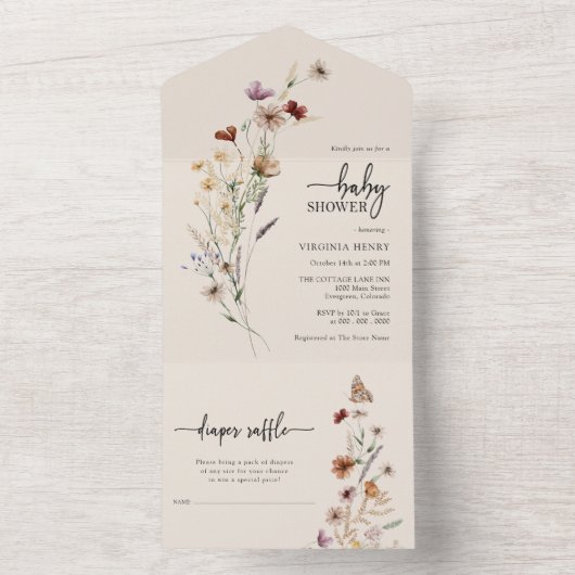 ワイルドフラワーの赤ちゃんシャワーすべて一つの招待状 オールインワン招待状 (内側)