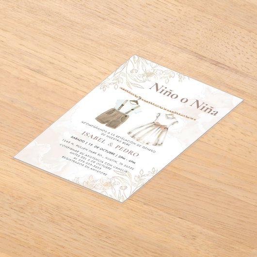 ワイルドフラワーの赤んスペインの坊の服の性別が表示 アクリル招待状 (レイダウン)