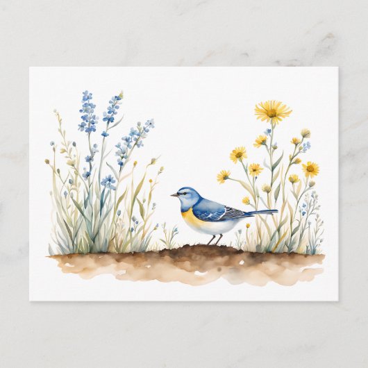 ワイルドフラワーの間の青いティット – 水彩アート ポストカード (正面)