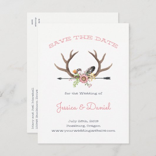 ワイルドフラワーの〔雄ジカの〕枝角と矢印の日付を保存 案内ポストカード (正面/裏面)