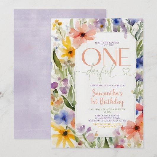 ワイルドフラワーは彼女が一歳の誕生日ではない 招待状 (正面/裏面)