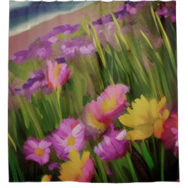 ワイルドフラワーアットデュスクウォーターカラーフローラアート シャワーカーテン