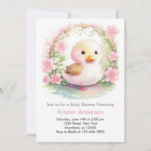 ワイルドフラワーアヒル魅惑的な女の子の赤ちゃんシャワー 招待状 (正面)