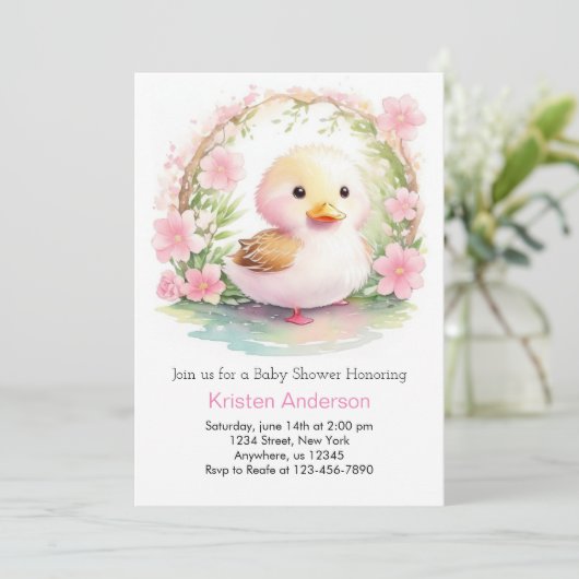 ワイルドフラワーアヒル魅惑的な女の子の赤ちゃんシャワー 招待状 (スタンド正面)