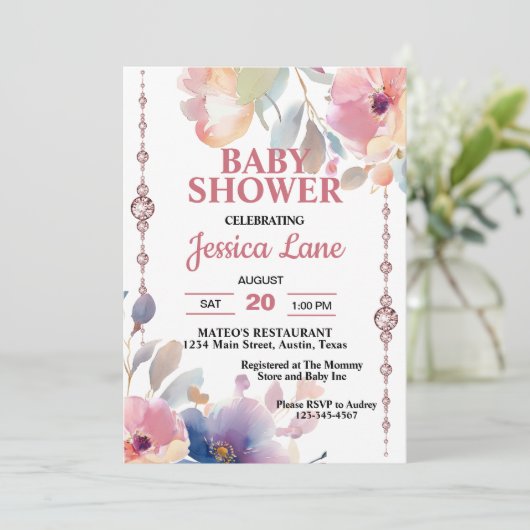 ワイルドフラワーアンドピンクダイヤモンドガールベビーシャワー 招待状 (スタンド正面)