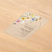 ワイルドフラワーアーカラフルチ金ゴールドフレーム |ボホ結婚ーの アクリル招待状 (レイダウン)