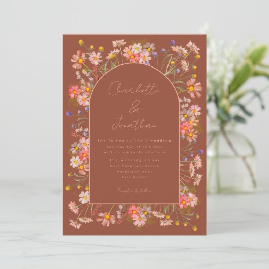 ワイルドフラワーアーチエレガントー焦げオレンジ秋の結婚式 招待状 (スタンド正面)