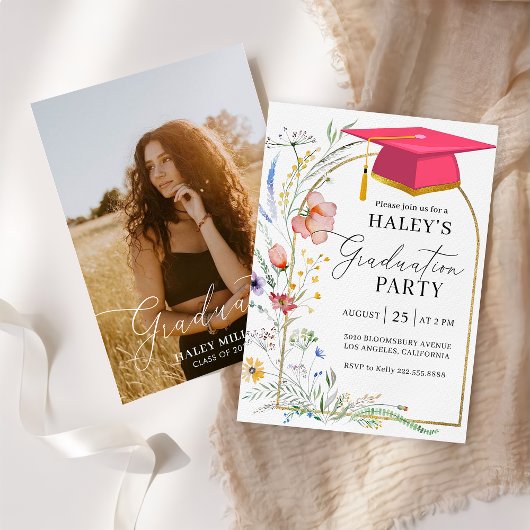 ワイルドフラワーアーチスクリプト卒業写真卒業2024 招待状