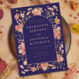 ワイルドフラワーアーチネイビーテラコッタ秋の結婚式 招待状