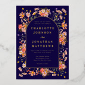 ワイルドフラワーアーチネイビーブルー秋の結婚式金ゴールド 箔招待状 (正面)