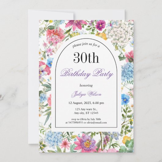 ワイルドフラワーアーチフレーム30th誕生日 招待状 (正面)