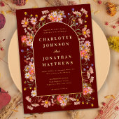 ワイルドフラワーアーチ秋の結婚式ブルゴーニュ金ゴールド 箔招待状