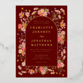 ワイルドフラワーアーチ秋の結婚式ブルゴーニュ金ゴールド 箔招待状 (正面)