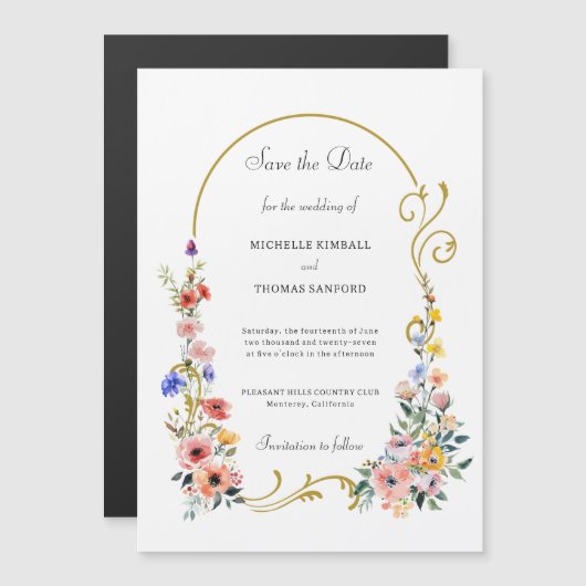 ワイルドフラワーアーチ結婚式の日付を保存 マグネット招待状 (正面/裏面)
