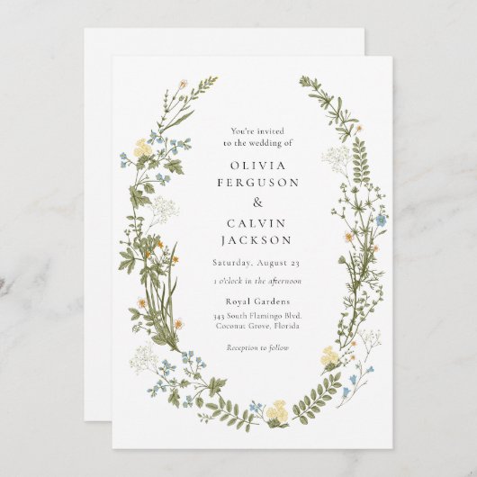 ワイルドフラワーイエローとブルーフラワーのリース結婚ズ 招待状 (正面/裏面)