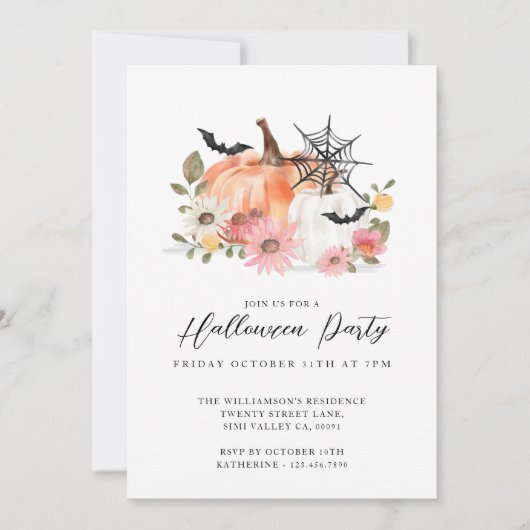 ワイルドフラワーイエロー&ホワイトパンプキンハローウィンパーティ 招待状 (正面)