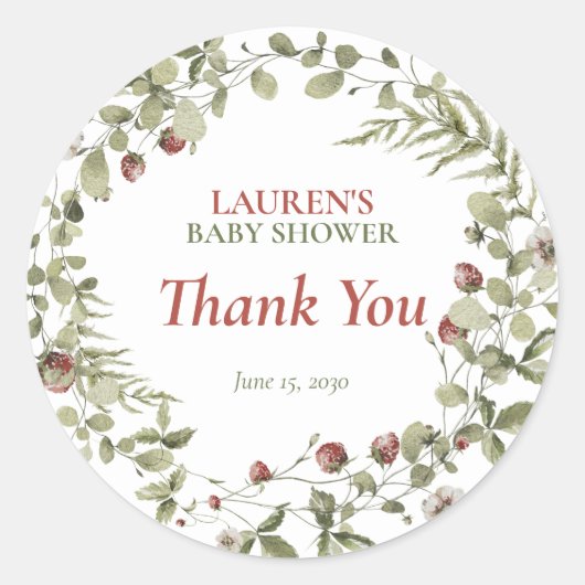 ワイルドフラワーイチゴ夏の赤ちゃんシャワーありがとう ラウンドシール (正面)