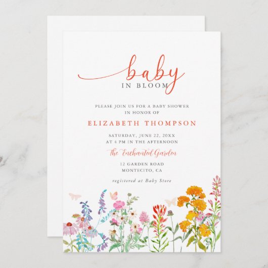 ワイルドフラワーイン開花ティール(緑がかった色)オレンジガールベビーシャワー 招待状 (正面/裏面)