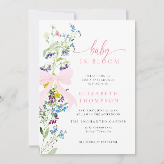ワイルドフラワーイン開花ピンクボウガールベビーシャワー 招待状 (正面)