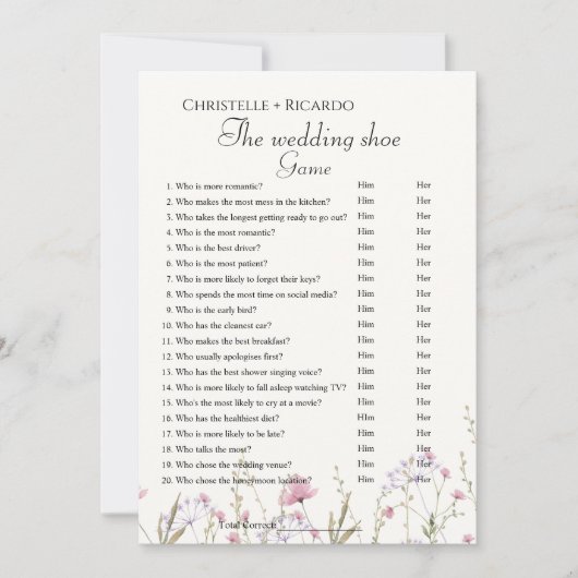 ワイルドフラワーウェディングシューゲームバチェロレッテゲームカード 案内状 (正面)