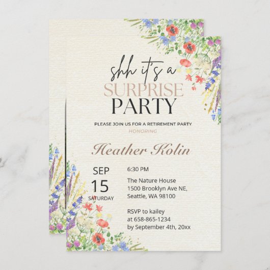 ワイルドフラワーウォッチフォトリタイアメントカードテンプレート 招待状 (正面/裏面)