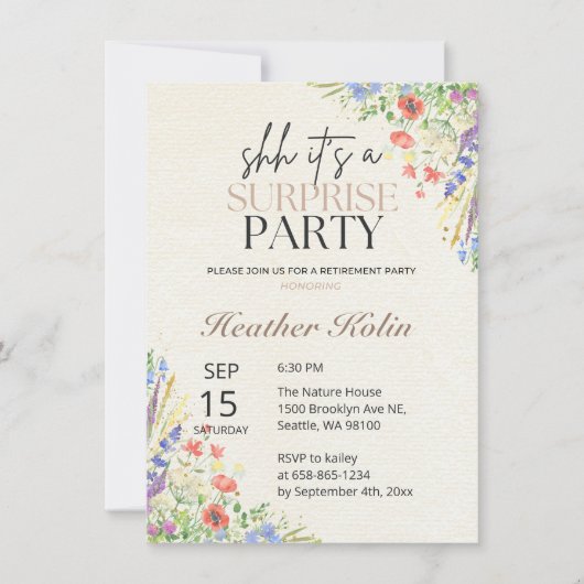 ワイルドフラワーウォッチフォトリタイアメントカードテンプレート 招待状 (正面)