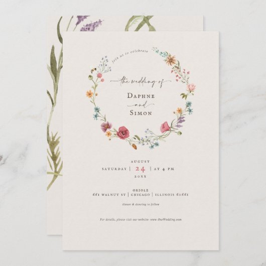 ワイルドフラワーウォータカラースクリプト招待状 招待状 (正面/裏面)