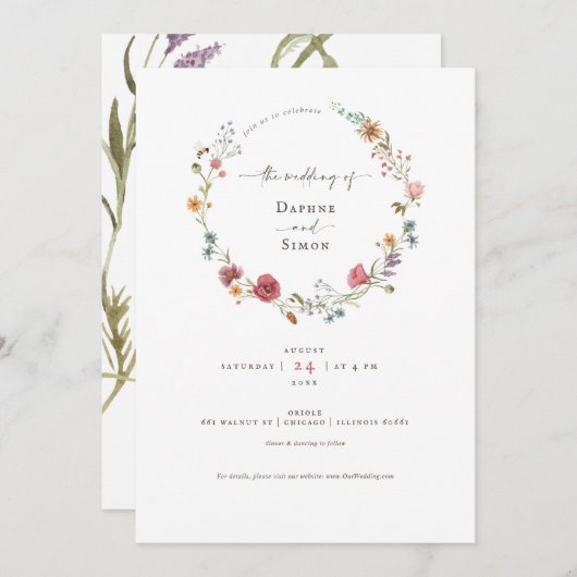 ワイルドフラワーウォータカラースクリプト招待状 招待状 (正面/裏面)