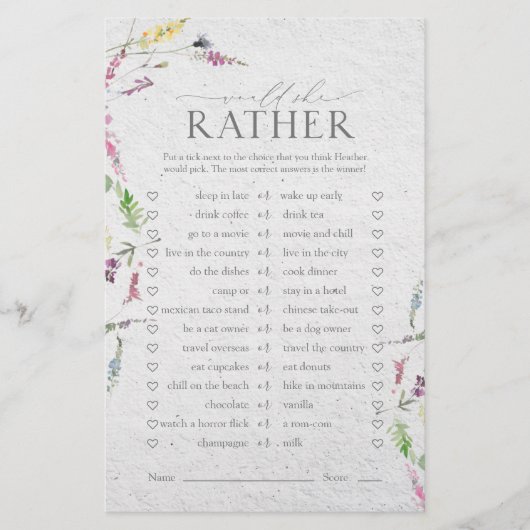 ワイルドフラワーウォータカラーフローラブライダルシャワーゲーム (正面)