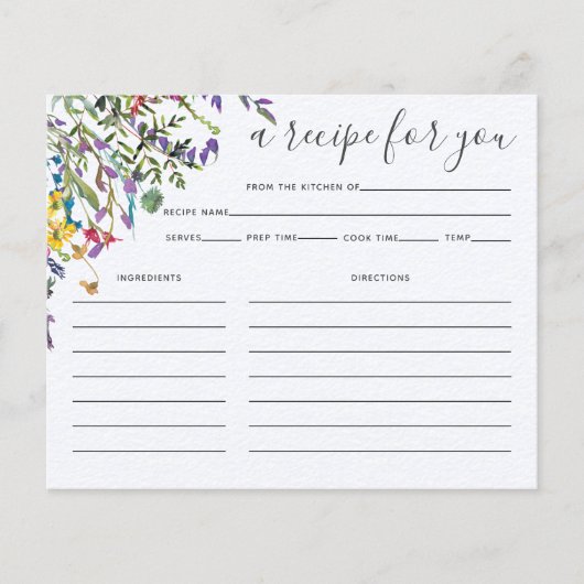 ワイルドフラワーウォータカラーブライダルシャワーレシピカード (正面)