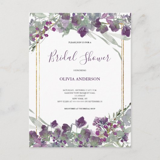 ワイルドフラワーウォータカラーブライダルシャワー インビテーションポストカード (正面)