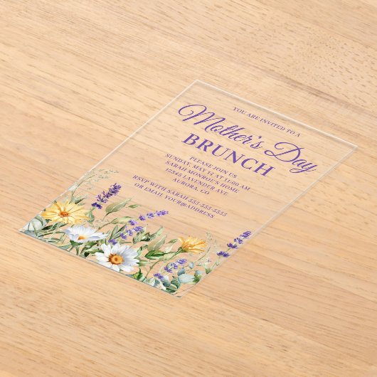 ワイルドフラワーウォータカラーマザーズデイ縁どブランチ アクリル招待状 (レイダウン)