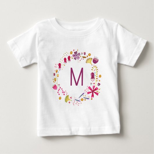 ワイルドフラワーウォータカラーリースモノグラムイニシャル ベビーTシャツ (正面)
