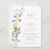 ワイルドフラワーウォータカラー開花ピンクガール赤ちゃんシャワー 招待状 (正面)