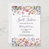 ワイルドフラワーウォータカラーSweet sixteen16誕生日 招待状 (正面)