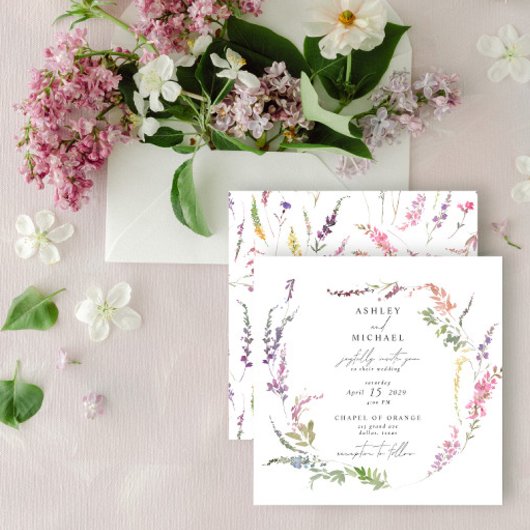 ワイルドフラワーウォーターの四角モダン色フローラ結婚の 招待状