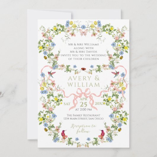 ワイルドフラワーウォーターカラーガーデンエレガントな結婚式 招待状 (正面)