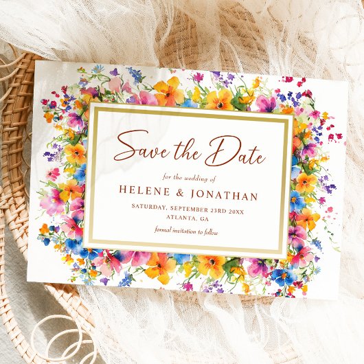ワイルドフラワーウォーターカラーガーデンボホエレガントな結婚式 セーブザデート