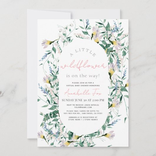 ワイルドフラワーウォーターカラーガールバーチャル赤ちゃんシャワー 招待状 (正面)