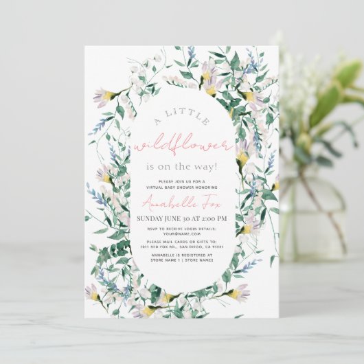 ワイルドフラワーウォーターカラーガールバーチャル赤ちゃんシャワー 招待状 (スタンド正面)